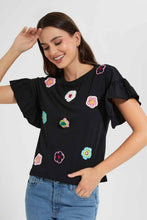 Load image into Gallery viewer, Redtag-Black-Crochet-Floral-T-Shirt-Category:T-Shirts,-Colour:Black,-Filter:Women's-Clothing,-New-In,-New-In-Women,-Non-Sale,-S22D,-Section:Women,-Women-T-Shirts-Women's-