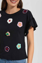 Load image into Gallery viewer, Redtag-Black-Crochet-Floral-T-Shirt-Category:T-Shirts,-Colour:Black,-Filter:Women's-Clothing,-New-In,-New-In-Women,-Non-Sale,-S22D,-Section:Women,-Women-T-Shirts-Women's-