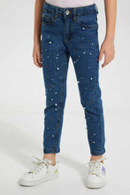 Load image into Gallery viewer, Redtag-Light-Wash-Girls-Denim-Pant-With-Beads-And-Studs-Jeans-Baggy-Fit-Girls-2 to 8 Years