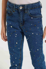 Load image into Gallery viewer, Redtag-Light-Wash-Girls-Denim-Pant-With-Beads-And-Studs-Jeans-Baggy-Fit-Girls-2 to 8 Years