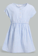 Load image into Gallery viewer, Redtag-Blue-Seesucker-Elasticated-Dress-With-Front-Buttons-Dresses-Infant-Girls-3 to 24 Months