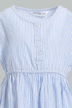 Load image into Gallery viewer, Redtag-Blue-Seesucker-Elasticated-Dress-With-Front-Buttons-Dresses-Infant-Girls-3 to 24 Months