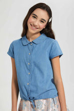 تنزيل الصورة على معرض الصور، Redtag-Pale-Blue-Denim-Front-Tie-Shirt-Blouses-Senior-Girls-9 to 14 Years