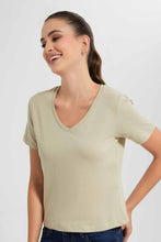 Load image into Gallery viewer, Redtag-Olive-V-Neck-T-Shirt-Category:T-Shirts,-Colour:Green,-Filter:Women's-Clothing,-New-In,-New-In-Women,-Non-Sale,-S22D,-Section:Women,-TBL,-Women-T-Shirts-Women's-