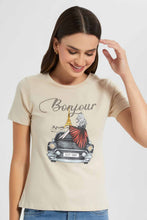 Load image into Gallery viewer, Redtag-Beige-Bonjour-Embellished-T-Shirt-Category:T-Shirts,-Colour:Beige,-Filter:Women's-Clothing,-New-In,-New-In-Women,-Non-Sale,-S22D,-Section:Women,-TBL,-Women-T-Shirts-Women's-