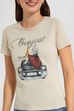 Load image into Gallery viewer, Redtag-Beige-Bonjour-Embellished-T-Shirt-Category:T-Shirts,-Colour:Beige,-Filter:Women's-Clothing,-New-In,-New-In-Women,-Non-Sale,-S22D,-Section:Women,-TBL,-Women-T-Shirts-Women's-