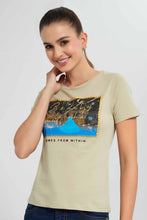 Load image into Gallery viewer, Redtag-Olive-Beauty-Embellished-T-Shirt-Category:T-Shirts,-Colour:Dark-Green,-Filter:Women's-Clothing,-New-In,-New-In-Women,-Non-Sale,-S22D,-Section:Women,-TBL,-Women-T-Shirts-Women's-