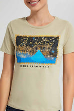 Load image into Gallery viewer, Redtag-Olive-Beauty-Embellished-T-Shirt-Category:T-Shirts,-Colour:Dark-Green,-Filter:Women's-Clothing,-New-In,-New-In-Women,-Non-Sale,-S22D,-Section:Women,-TBL,-Women-T-Shirts-Women's-