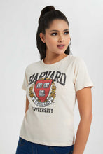 Load image into Gallery viewer, Redtag-Beige-Harvard-Printed-T-Shirt-Graphic-T-Shirts-Women's-