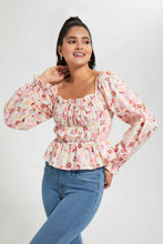 Load image into Gallery viewer, Redtag-Pink-Floral-Printed-Smocked-Body-Blouse-Blouses-Women's-