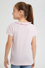 Load image into Gallery viewer, Redtag-Pink-S/Sleeve-T-Shirt-With-Ruffles-At-Neck-Graphic-T-Shirts-Girls-2 to 8 Years
