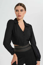Load image into Gallery viewer, Redtag-Black-Collared-Button-Front-Blouse-Long-Sleeve-Blouses-Women's-