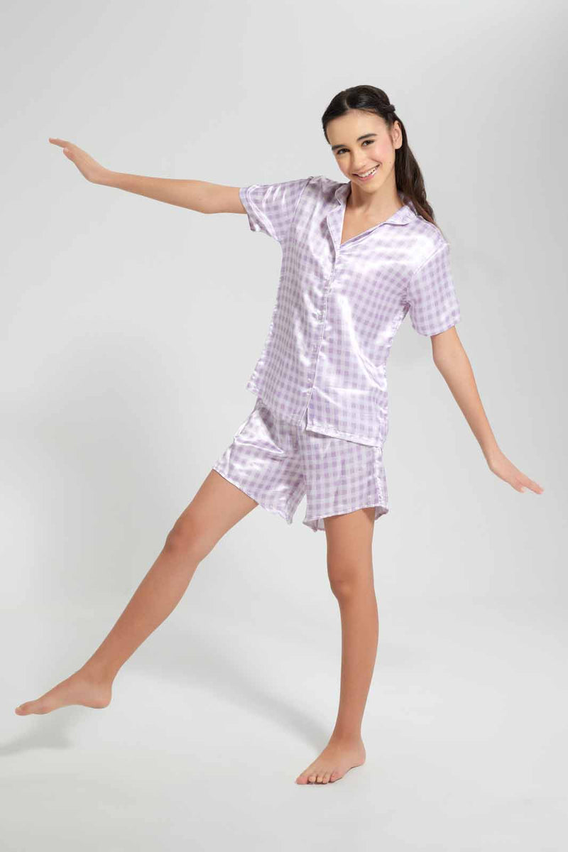 Redtag-Purple/White-Sateen-Short-Sets-Category:Pyjama-Sets,-Colour:Assorted,-Filter:Senior-Girls-(9-to-14-Yrs),-GSR-Pyjama-Sets,-New-In,-New-In-GSR,-Non-Sale,-S22D,-Section:Kidswear-Senior-Girls-9 to 14 Years
