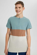 تنزيل الصورة على معرض الصور، Redtag-Blue-Color-Block-Zip-Placket-Tee-Striped-T-Shirts-Senior-Boys-9 to 14 Years