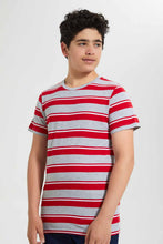 Load image into Gallery viewer, Redtag-Grey-Melange-Striped-T-Shirt-Striped-T-Shirts-Senior-Boys-9 to 14 Years