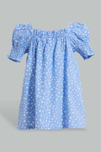 تنزيل الصورة على معرض الصور، Redtag-Blue-Aop-Puff-Sleeves-Dress-Dresses-Infant-Girls-3 to 24 Months