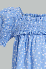 تنزيل الصورة على معرض الصور، Redtag-Blue-Aop-Puff-Sleeves-Dress-Dresses-Infant-Girls-3 to 24 Months