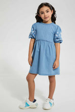 Load image into Gallery viewer, Redtag-Blue-Embroidered-Denim-Dress-Dresses-Girls-2 to 8 Years