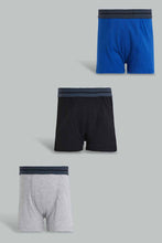 Load image into Gallery viewer, Redtag-Royal-Blue/Black/Grey-Mel-3-Pcs-Pack-Boxer-Short-Boxers-Senior-Boys-9 to 14 Years