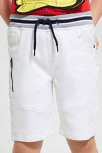 Load image into Gallery viewer, Redtag-White-Adventure-Embossed-Ribbed-Waistband-Knit-Denim-Short-Denim-Shorts-Boys-2 to 8 Years