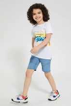Load image into Gallery viewer, Redtag-Light-Wash-Monster-Embossed-Ribbed-Waistband-Knit-Denim-Short-Denim-Shorts-Boys-2 to 8 Years