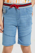 Load image into Gallery viewer, Redtag-Light-Wash-Monster-Embossed-Ribbed-Waistband-Knit-Denim-Short-Denim-Shorts-Boys-2 to 8 Years