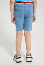 Load image into Gallery viewer, Redtag-Light-Wash-Monster-Embossed-Ribbed-Waistband-Knit-Denim-Short-Denim-Shorts-Boys-2 to 8 Years