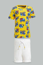 Load image into Gallery viewer, Redtag-Yellow-Truck-Printed-Tshirt-And-White-Bottom-Set-(2-Pack)-Sets-Infant-Boys-3 to 24 Months