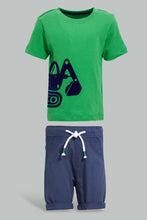 Load image into Gallery viewer, Redtag-Green-Digger-Tshirt-With-Navy-Trousershort-Sets-Infant-Boys-3 to 24 Months