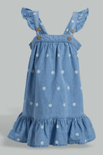 Load image into Gallery viewer, Redtag-Blue-Denim-Floral-Aop-Straps-Dress-Dresses-Infant-Girls-3 to 24 Months