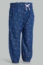 Load image into Gallery viewer, Redtag-Dark-Wash-Printed-Harem-Jeans-Jeans-Harem-Fit-Infant-Girls-3 to 24 Months