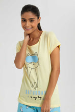 Load image into Gallery viewer, Redtag-Yellow-Cat-Printed-Pyjama-Set-Pyjama-Sets-Women's-