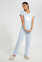 Load image into Gallery viewer, Redtag-Blue-V-Printed-Pyjama-Set-Pyjama-Sets-Women's-