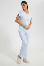 Load image into Gallery viewer, Redtag-Blue-V-Printed-Pyjama-Set-Pyjama-Sets-Women's-