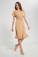 تنزيل الصورة على معرض الصور، Redtag-Brown-Shortsleeve-Ruffled-Hem-Dress-Cropped-Tops-Women's-