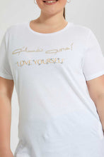 Load image into Gallery viewer, Redtag-White-Jersey-Top-Sequins-Placement-Tops-Women's-