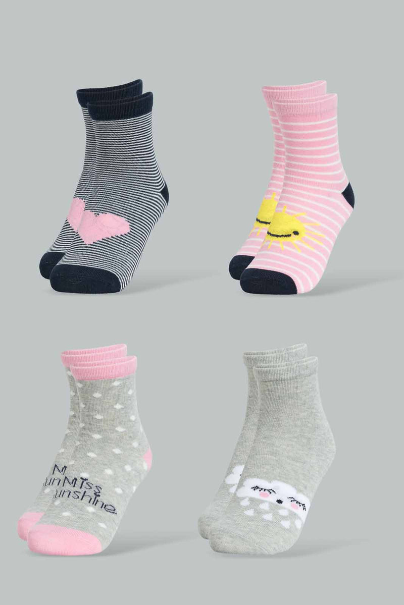 Redtag-Assorted-4-Pc-Pack-Socks-Full-Length-Socks-Girls-2 to 8 Years