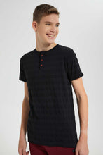 تنزيل الصورة على معرض الصور، Redtag-Black-Jacquard-Henley-Tshirt-Plain-T-Shirts-Senior-Boys-9 to 14 Years