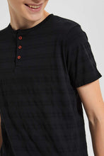 تنزيل الصورة على معرض الصور، Redtag-Black-Jacquard-Henley-Tshirt-Plain-T-Shirts-Senior-Boys-9 to 14 Years