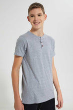 تنزيل الصورة على معرض الصور، Redtag-Mid-Grey-Jacquard-Henley-Tshirt-Plain-T-Shirts-Senior-Boys-9 to 14 Years