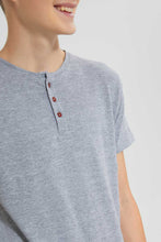 تنزيل الصورة على معرض الصور، Redtag-Mid-Grey-Jacquard-Henley-Tshirt-Plain-T-Shirts-Senior-Boys-9 to 14 Years