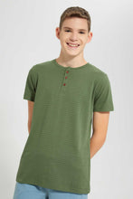 تنزيل الصورة على معرض الصور، Redtag-Dark-Grey-Jacquard-Henley-Tshirt-Plain-T-Shirts-Senior-Boys-9 to 14 Years