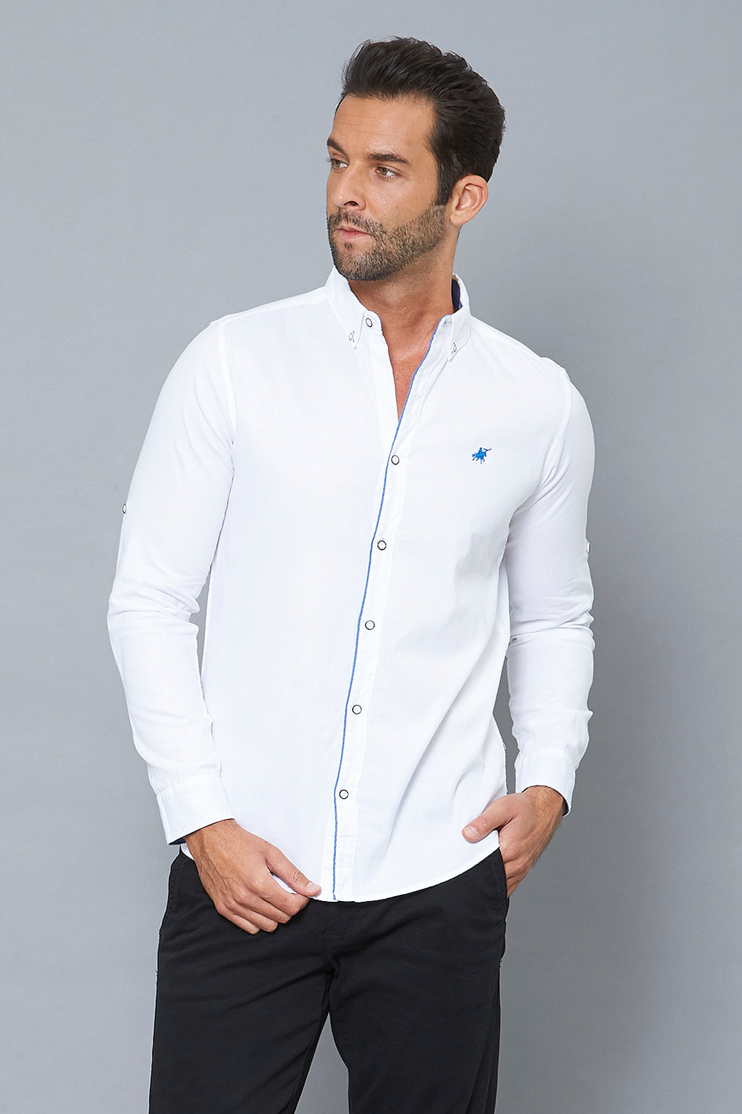 White Slim-Fit Long Sleeve Birdseye Shirt - REDTAG