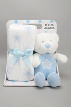 Load image into Gallery viewer, White/Blue Baby Blanket With Toy Bear - REDTAG
