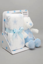 Load image into Gallery viewer, White/Blue Baby Blanket With Toy Bear - REDTAG
