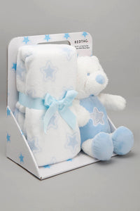 White/Blue Baby Blanket With Toy Bear - REDTAG