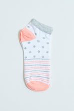 Load image into Gallery viewer, Peach/White Stripe Polka Ankle Socks (3-Pack)
