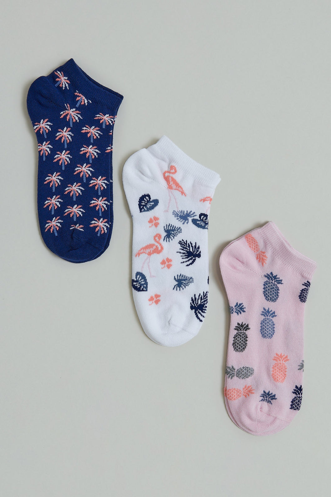 White/Navy/Pink Floral Jacquard Ankle Socks (3-Pack)