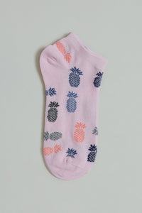 White/Navy/Pink Floral Jacquard Ankle Socks (3-Pack)