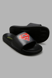 Redtag-Black-Superman-Logo-Slide-Character,-Colour:Black,-Filter:Men's-Footwear,-Men-Flip-Flops,-New-In-Men-FOO,-Non-Sale,-W21O-Men's-